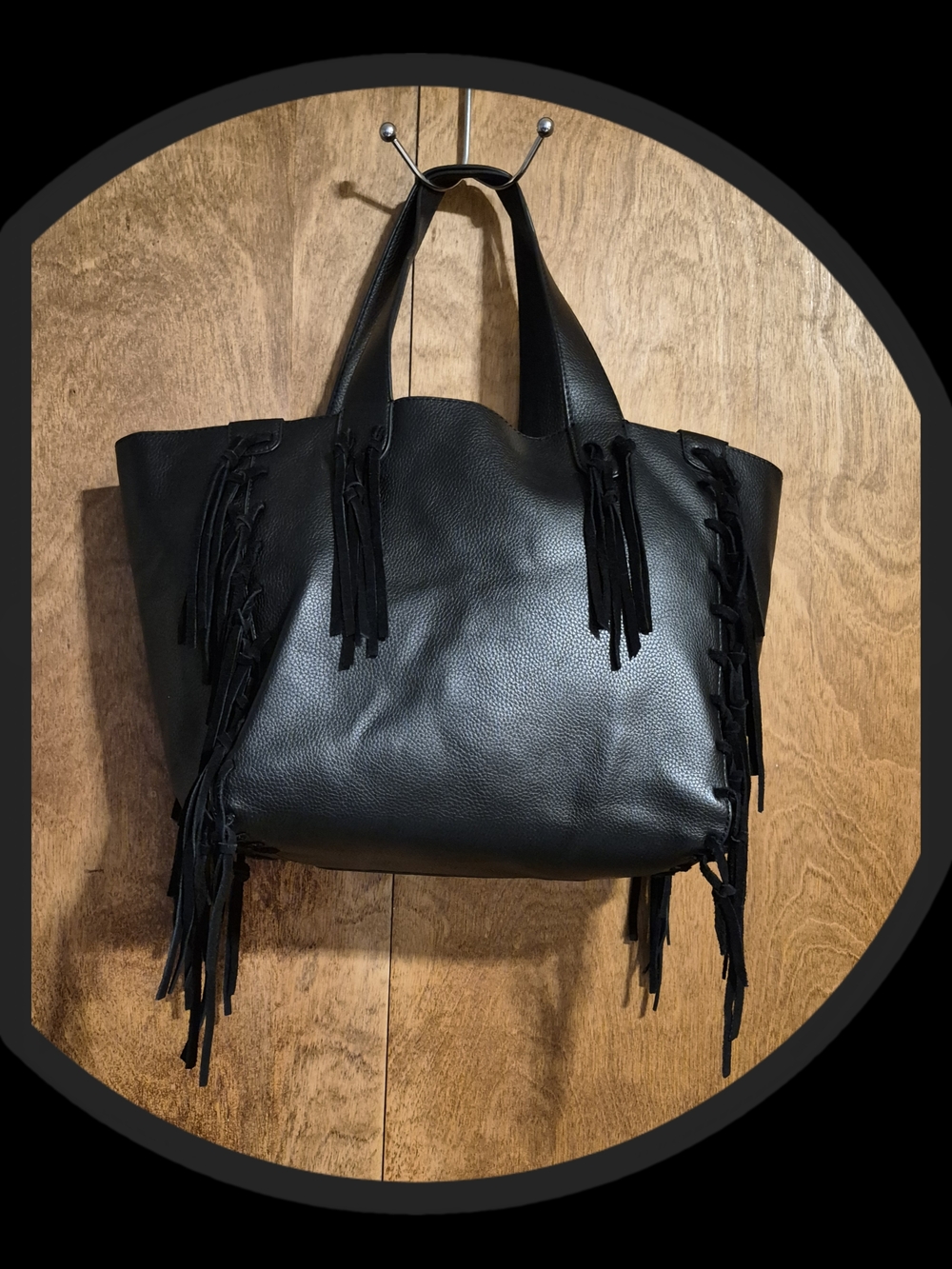 Source Unknown Black Fringe Large Slouchy Pebbled  Leather Tote w/Cowhide Int.